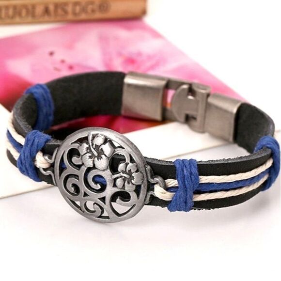 Black Faux Leather with Hemp Cord and Silver Hibiscus Boho Bracelet - Picture 7 of 8